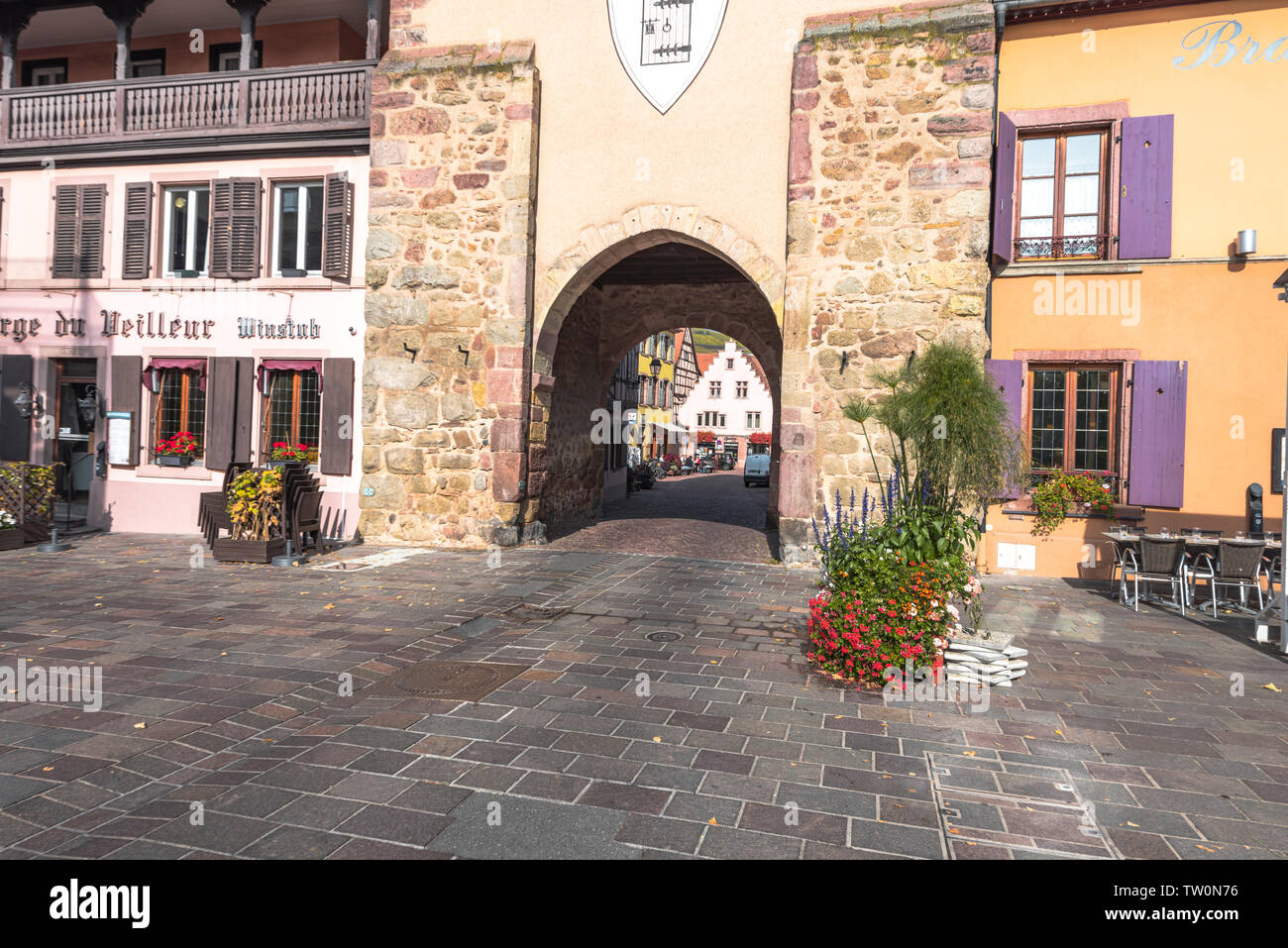 the lower medieval gate of village Turckheim, Alsace, France Stock Photo