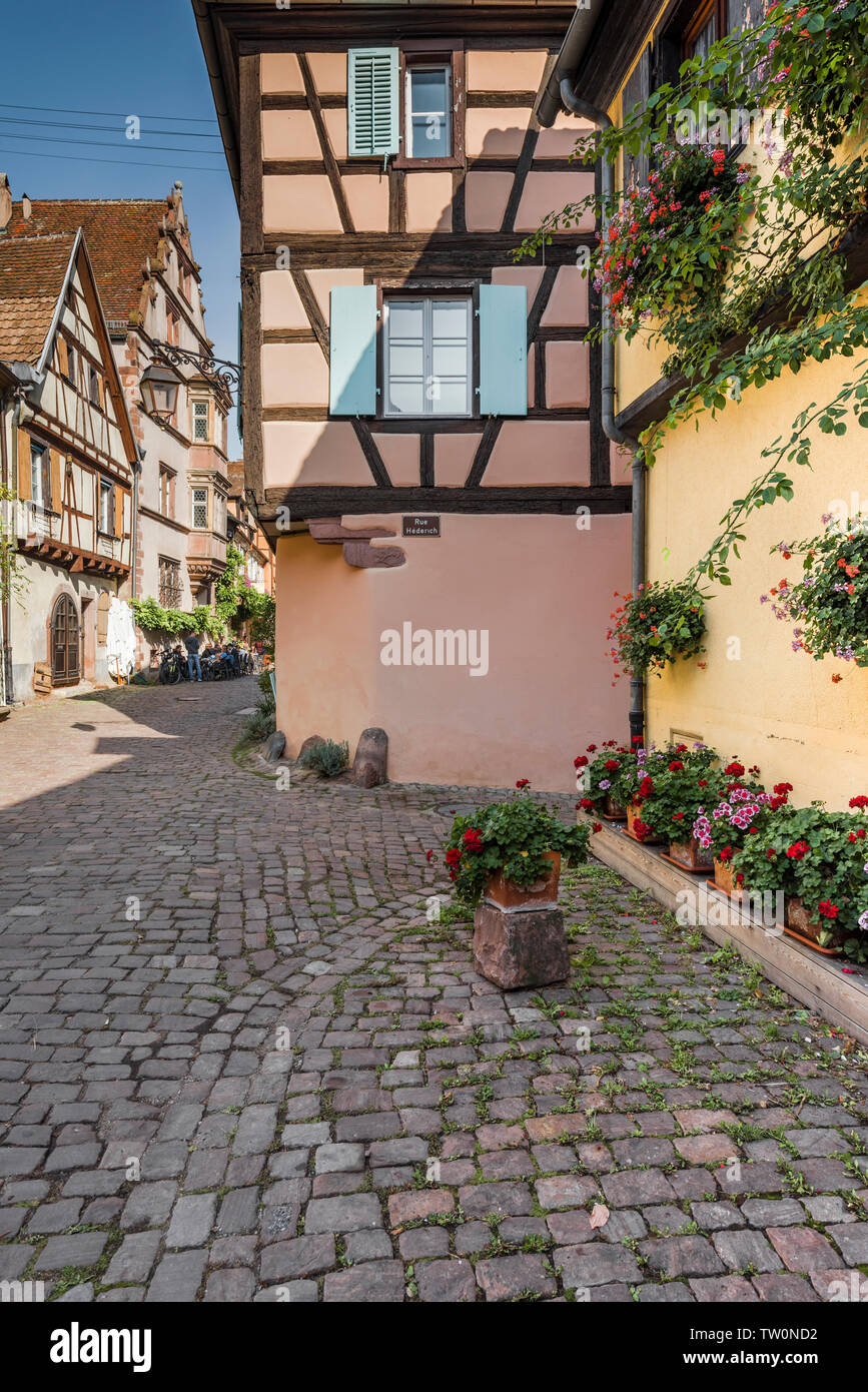 old timbered houses in Riquewihr, Alsace, France, Alsatian village Stock Photo