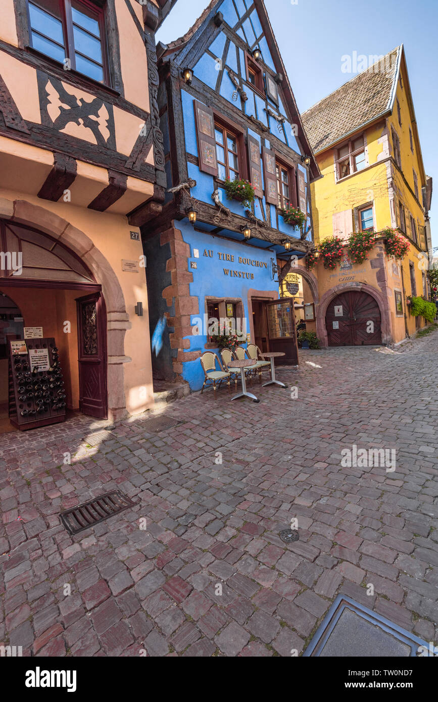 old colorful timbered house in the village Riquewihr, Alsace, France, house of the cork Stock Photo
