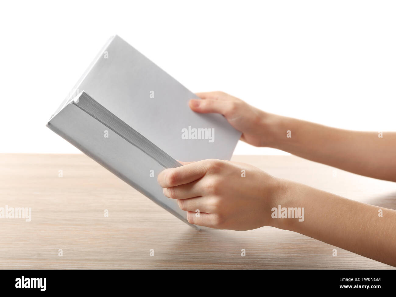 Book with blank pages in female hands Stock Photo