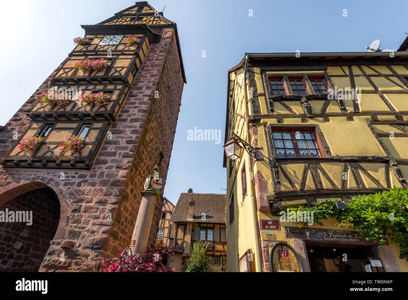 old town gate and framework, Riquewihr, Alsace, France, historical picturesque village Stock Photo
