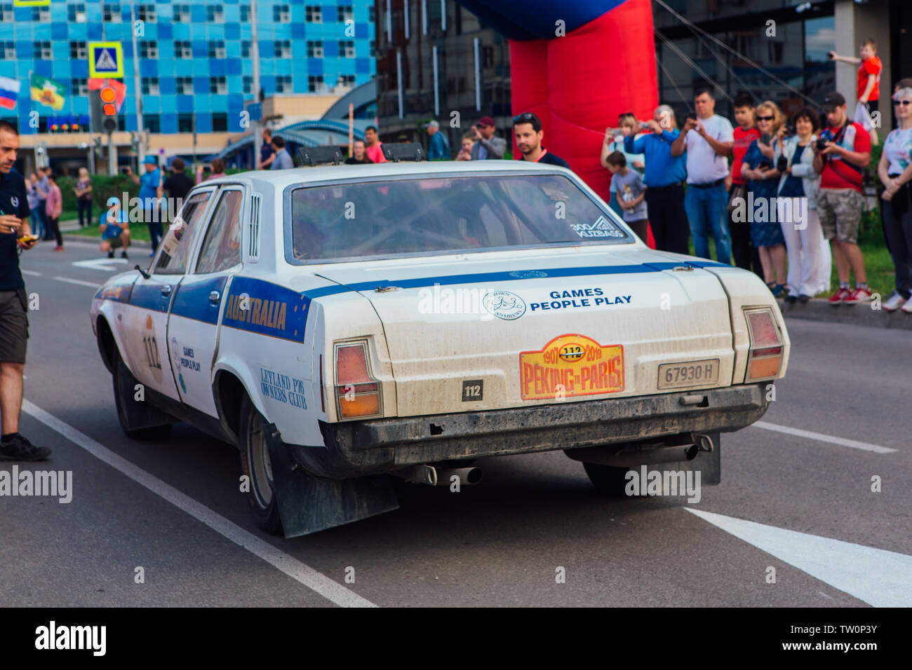 Novokuznetsk, Russia-June 14, 2019: The 7th Peking to Paris Motor Challenge 2019. Leyland P76 1974 leaving the city and going to another stage of Stock Photo