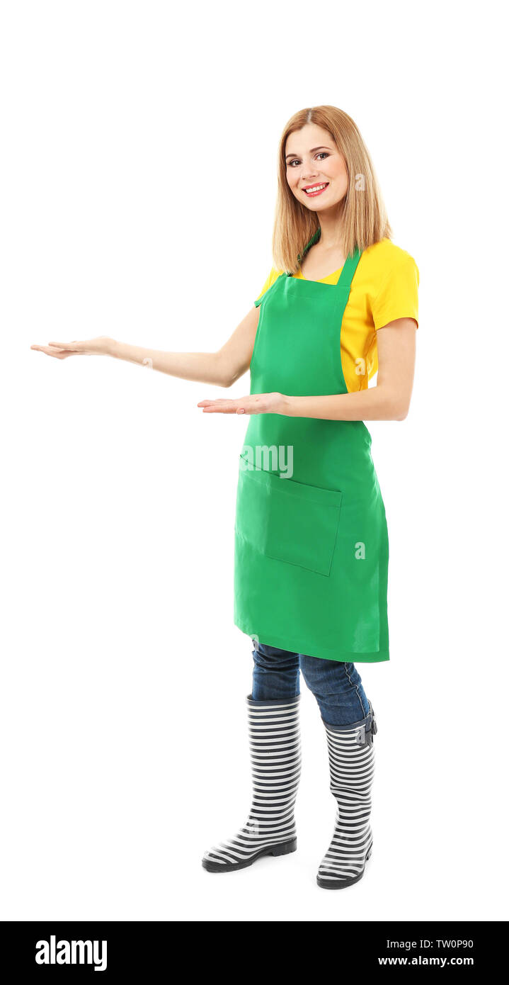 Beautiful woman in green apron isolated on white background Stock Photo ...