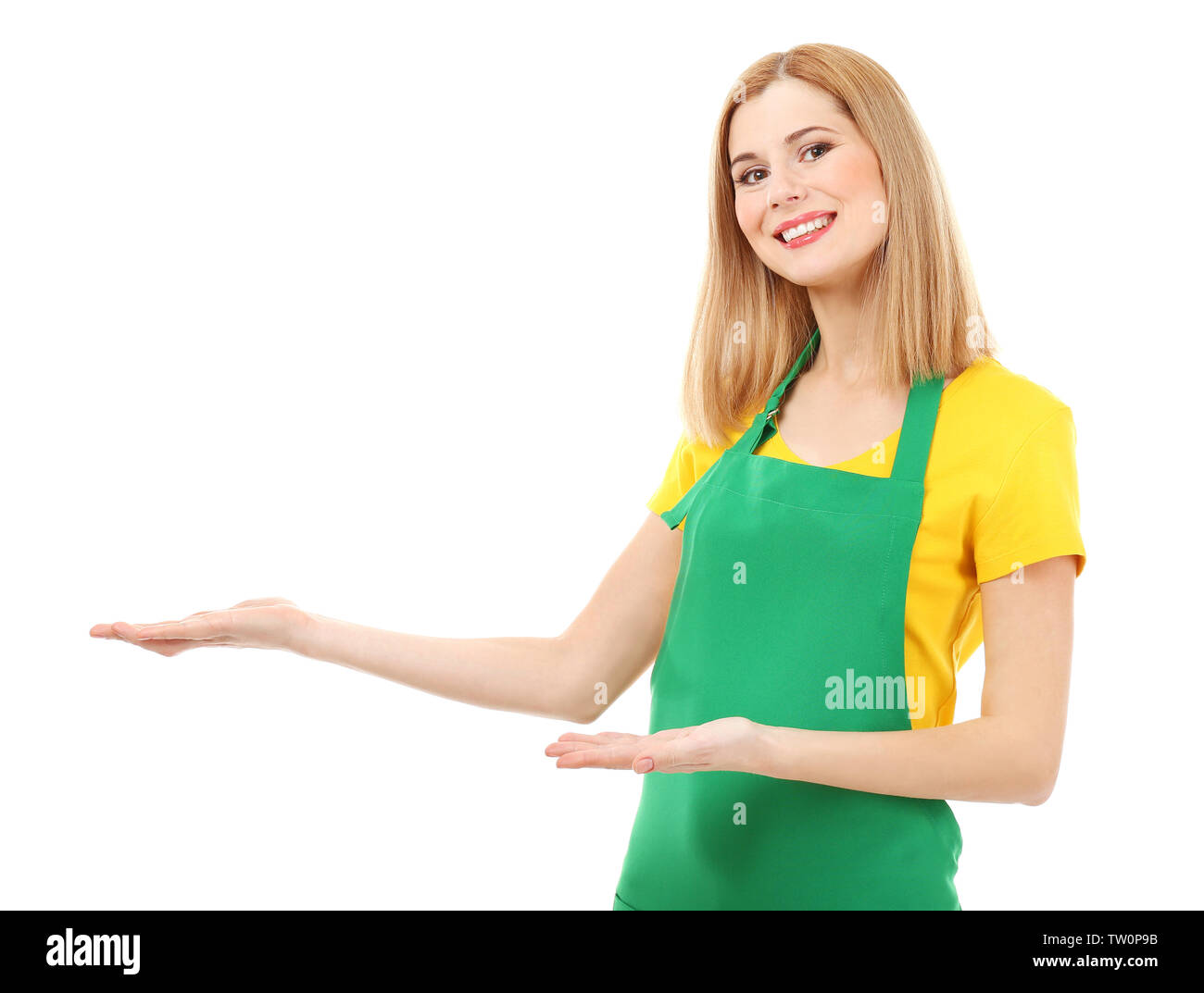 Beautiful woman in green apron isolated on white background Stock Photo ...