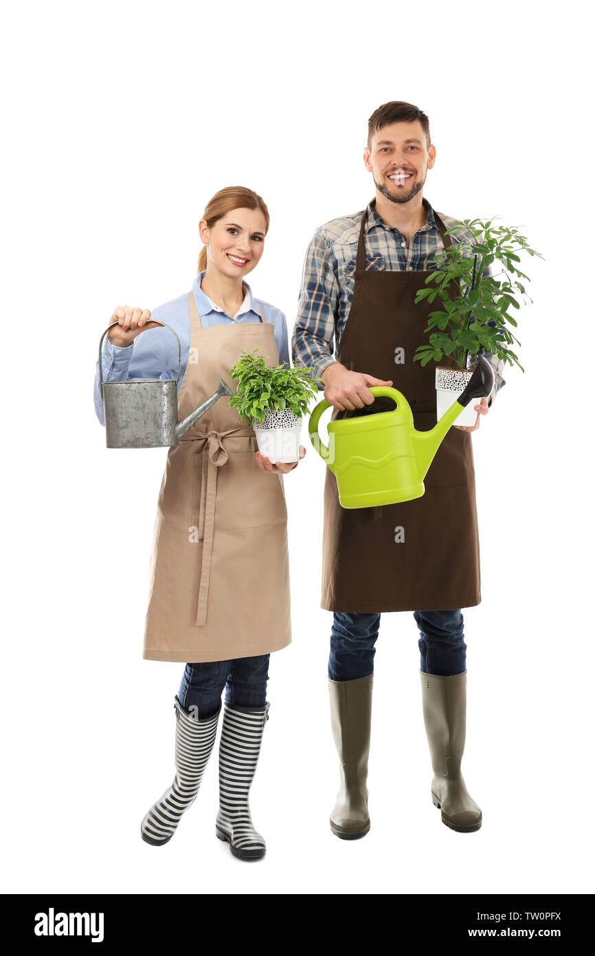 Two florists holding house plants and gardening tools on white background Stock Photo