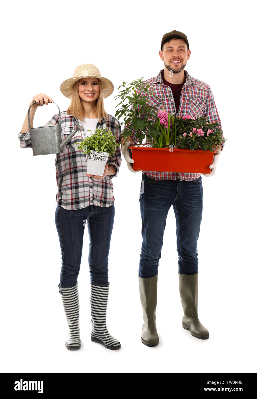 Two florists holding house plants isolated on white background Stock Photo