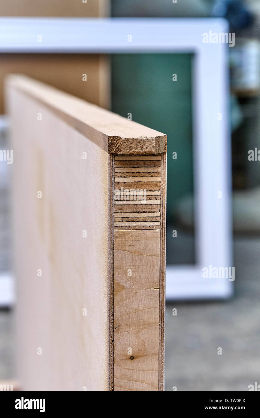 Wood door manufacturing process. Door leaf. Woodworking and carpentry