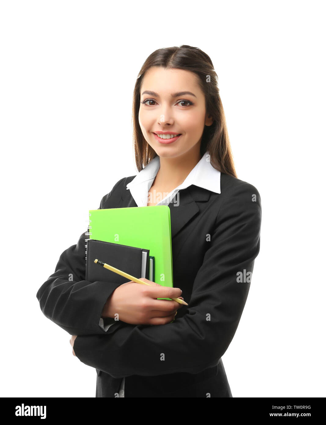 Beautiful young teacher on white background Stock Photo - Alamy