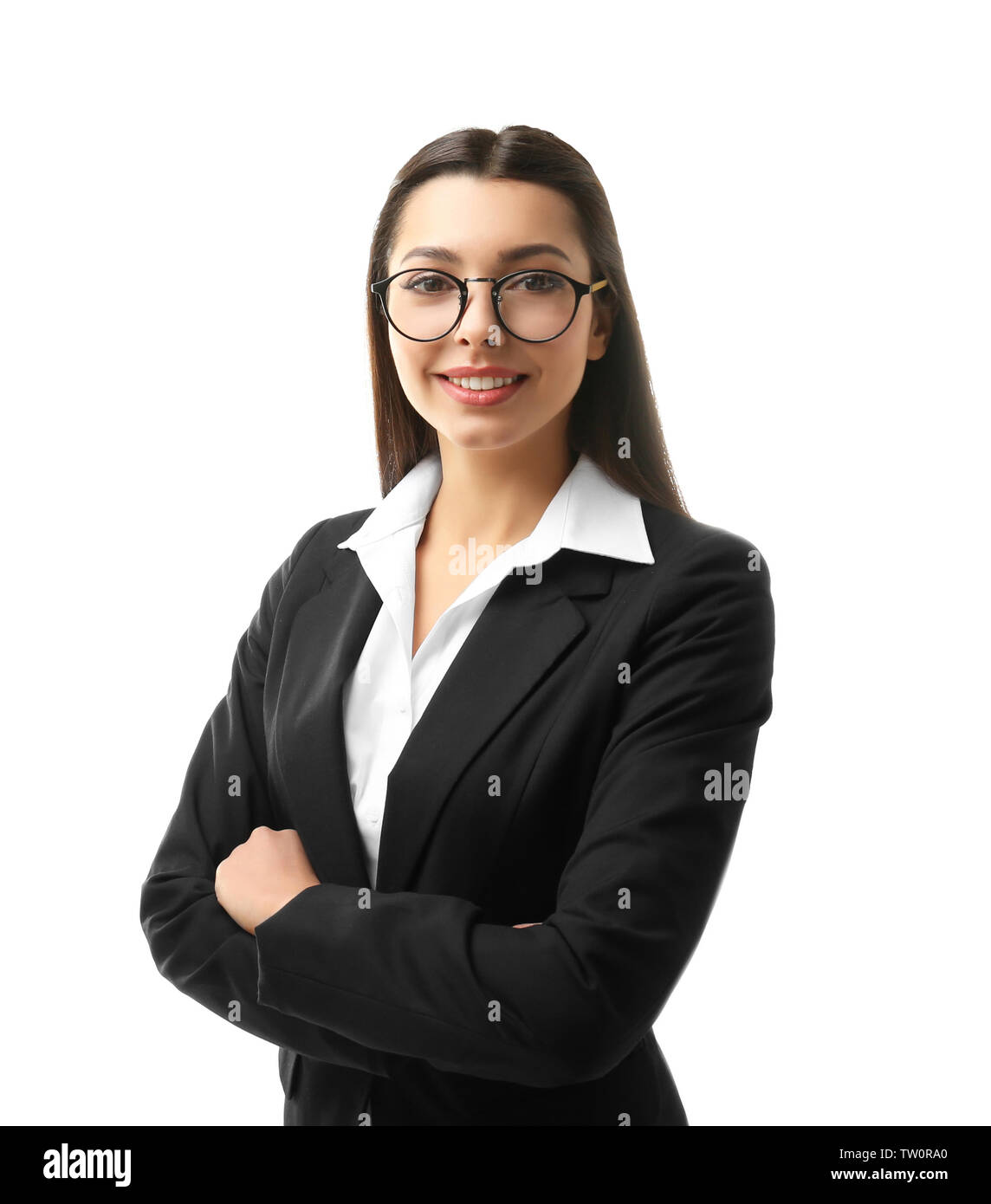 Beautiful young teacher on white background Stock Photo - Alamy