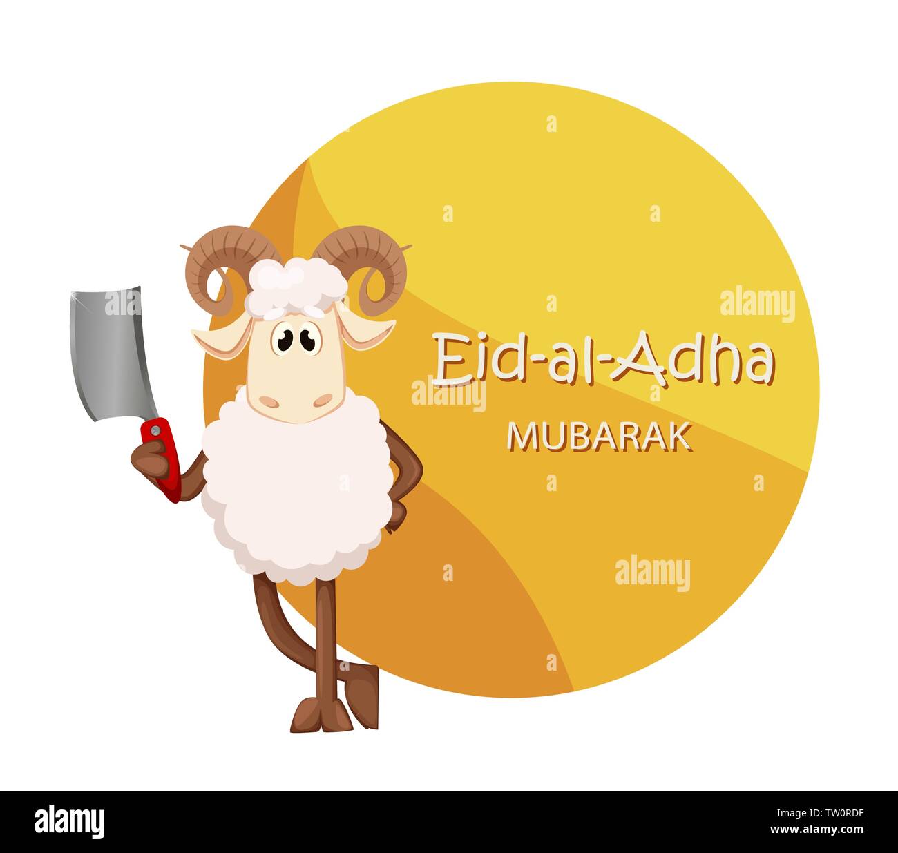 Eid al Adha Mubarak greeting card with funny ram holding cleaver. Traditional Muslim holiday. Vector illustration Stock Vector