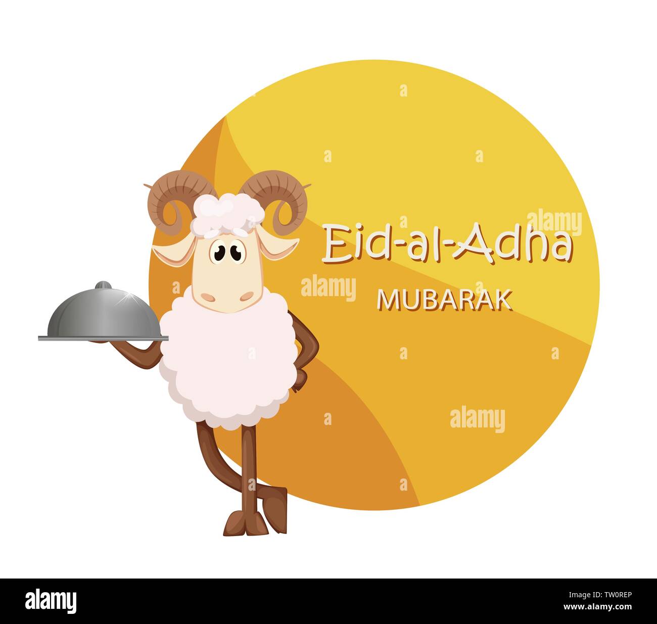 Eid al Adha Mubarak greeting card with funny ram holding restaurant cloche. Traditional Muslim holiday. Vector illustration Stock Vector