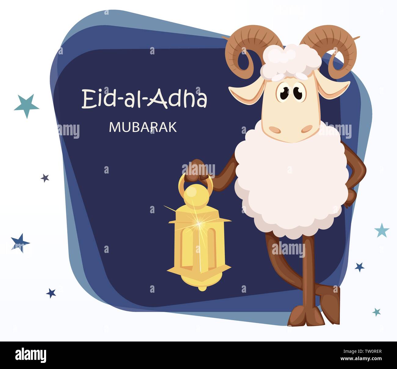 Eid al Adha Mubarak greeting card with funny ram holding lantern. Traditional Muslim holiday. Vector illustration on abstract background Stock Vector