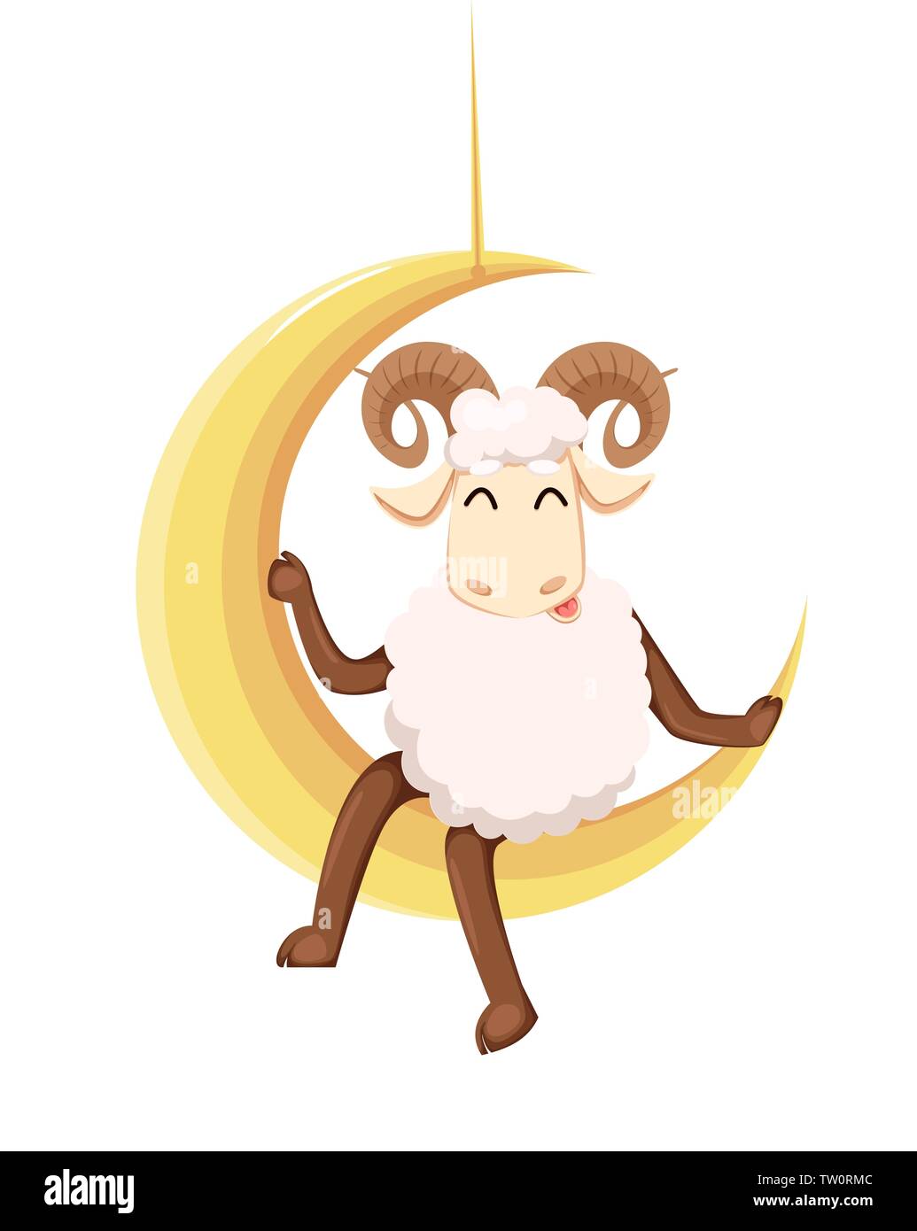 Eid al Adha Mubarak greeting card with funny ram hanging on the moon. Traditional Muslim holiday. Vector illustration on white background Stock Vector