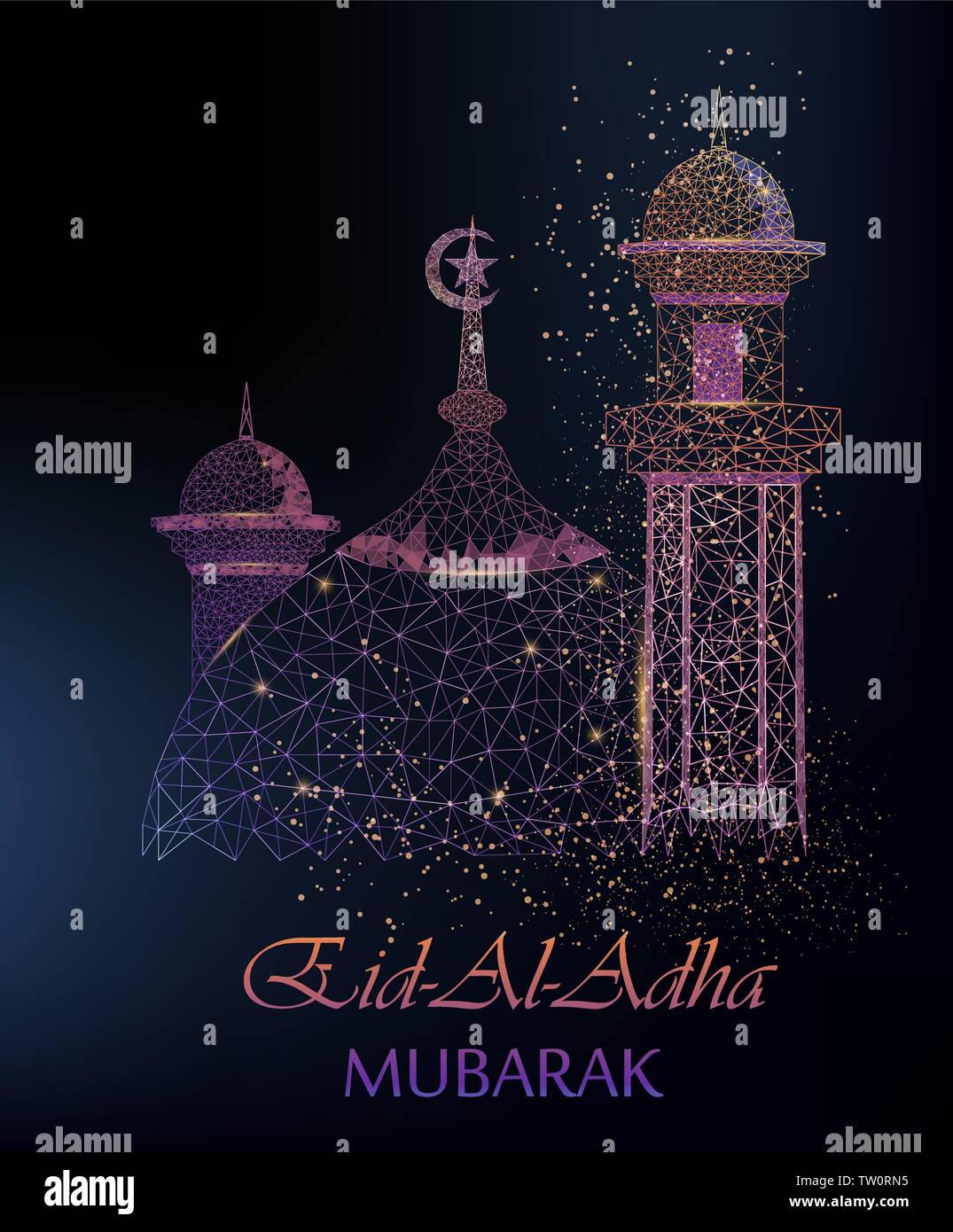 Eid al Adha Mubarak greeting card with polygonal mosque. Traditional Muslim holiday. Vector illustration on dark background Stock Vector