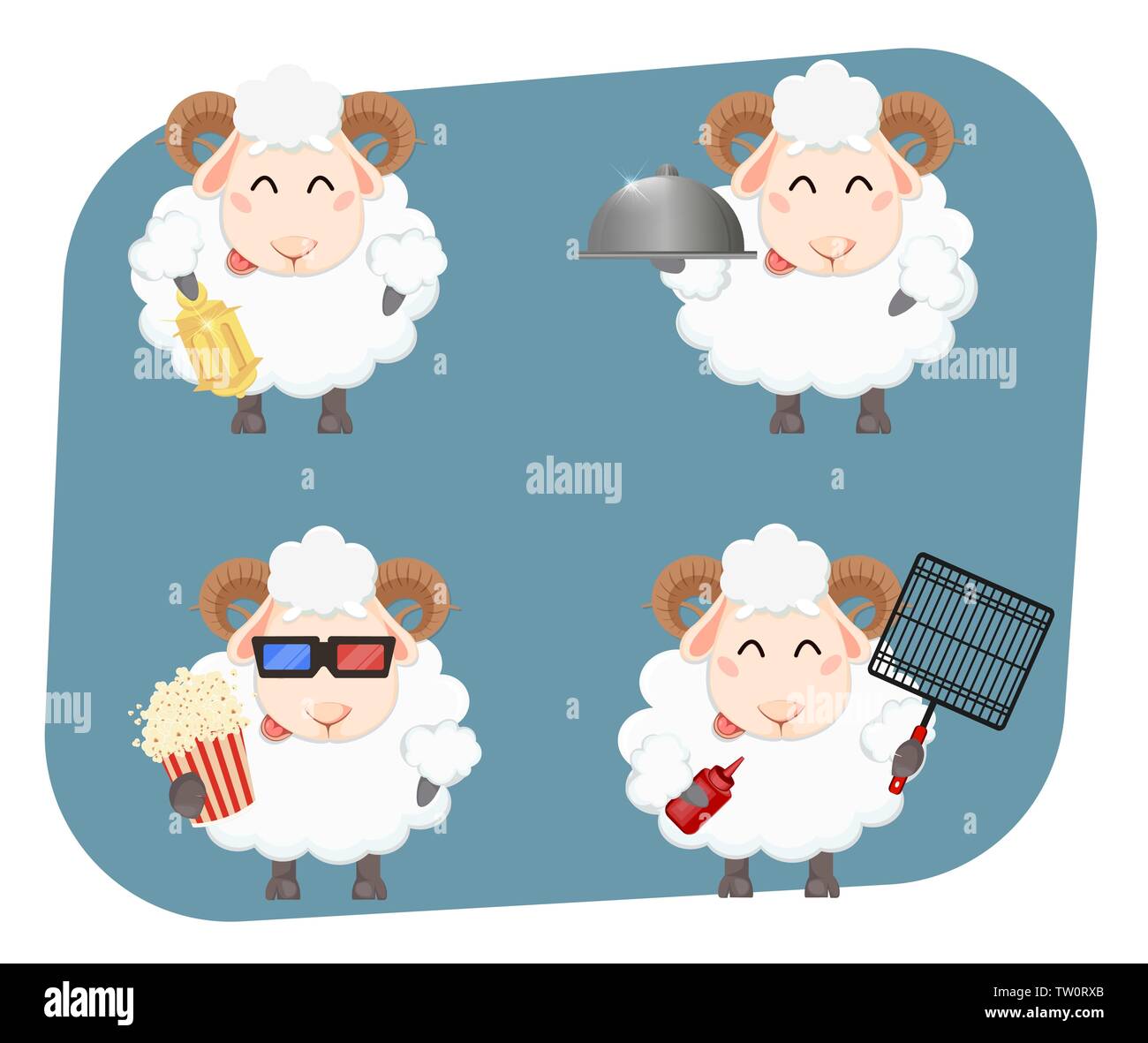 Eid al Adha Mubarak greeting card. Funny cartoon ram, set of four poses. Traditional Muslim holiday. Vector illustration Stock Vector