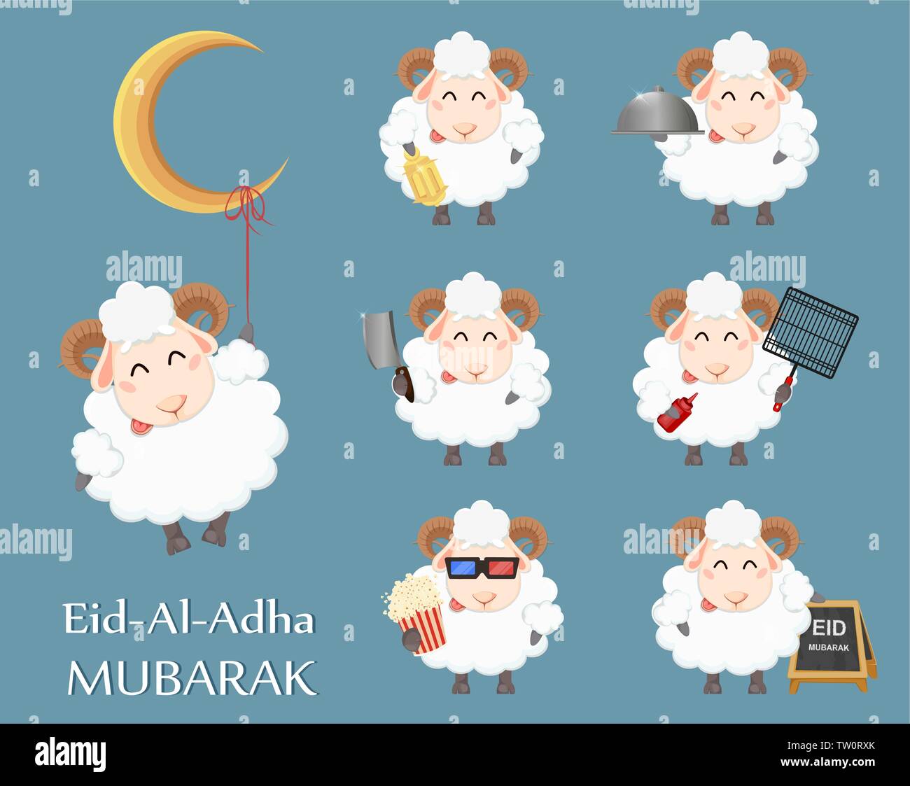 Eid al Adha Mubarak greeting card. Funny cartoon ram, set of seven poses.  Traditional Muslim holiday. Vector illustration Stock Vector Image & Art -  Alamy