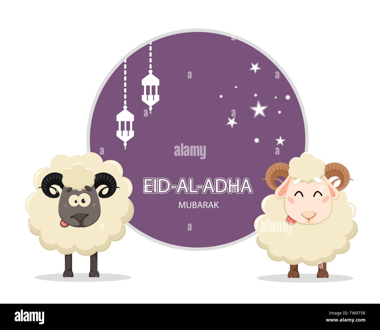 Eid al Adha Mubarak greeting card with two funny rams. Traditional Muslim holiday. Vector illustration on bright background Stock Vector