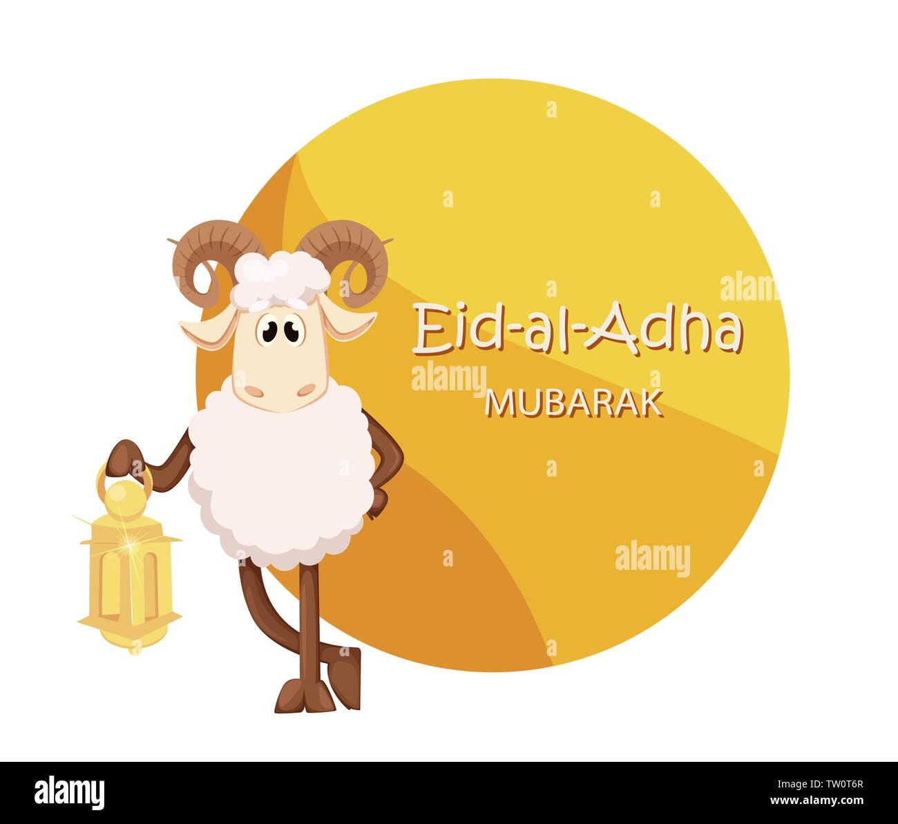 Eid al Adha Mubarak greeting card with funny ram holding lantern. Traditional Muslim holiday. Vector illustration with yellow circle on background Stock Vector