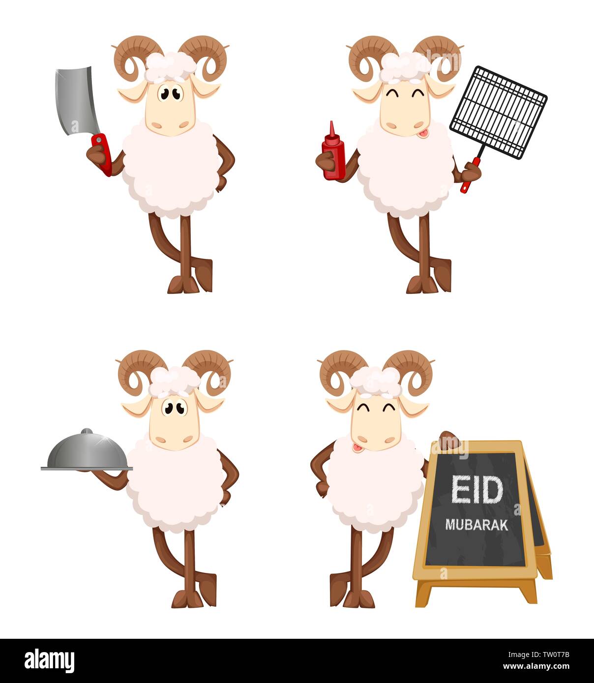 Eid al Adha Mubarak greeting card with funny ram, set of four poses. Traditional Muslim holiday. Vector illustration on white background Stock Vector