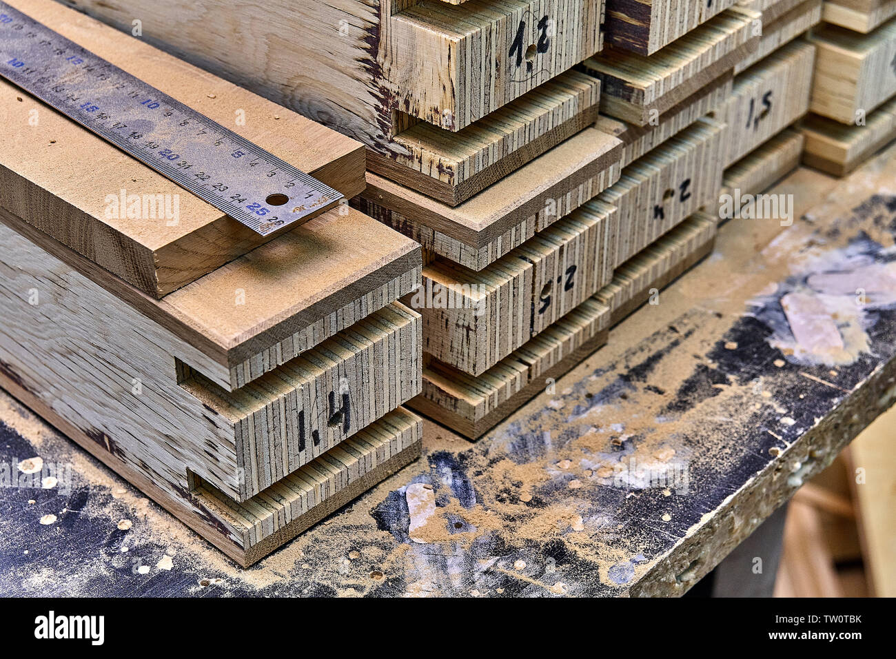 Wood door manufacturing process. Door frame elements. Woodworking and