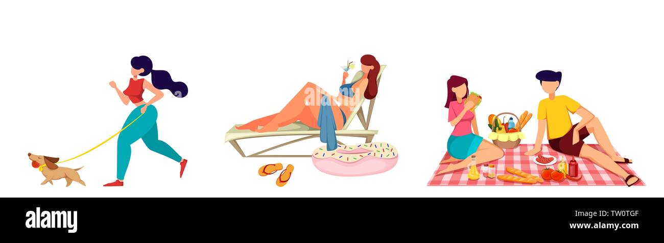 Summer leisure. Lady walking with a dog, woman sunbathing in chaise lounge and couple on picnic. Vector illustration. Stock Vector