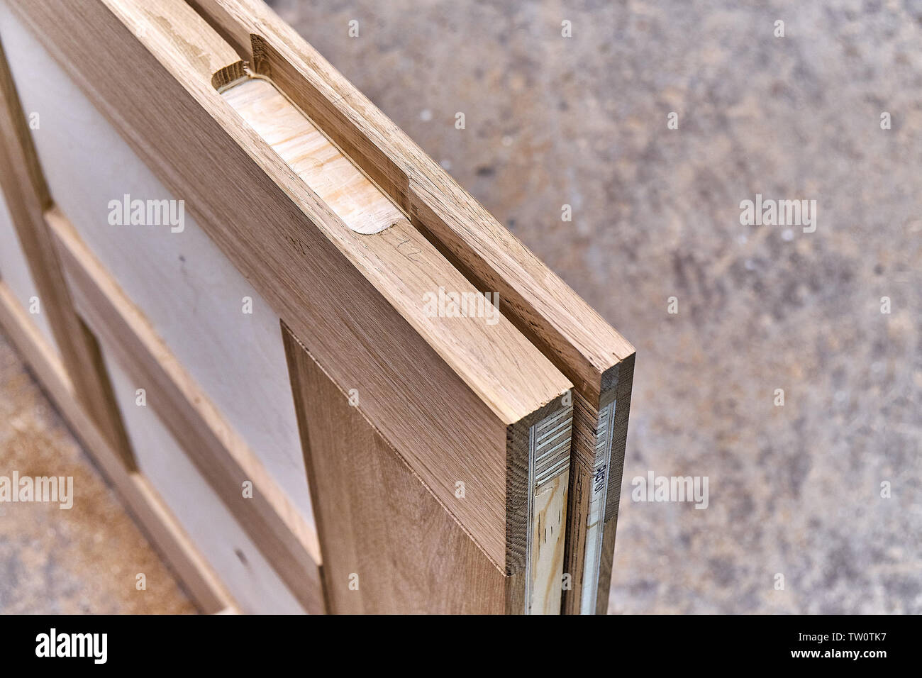 Wood door manufacturing process. Door leaf. Woodworking and carpentry