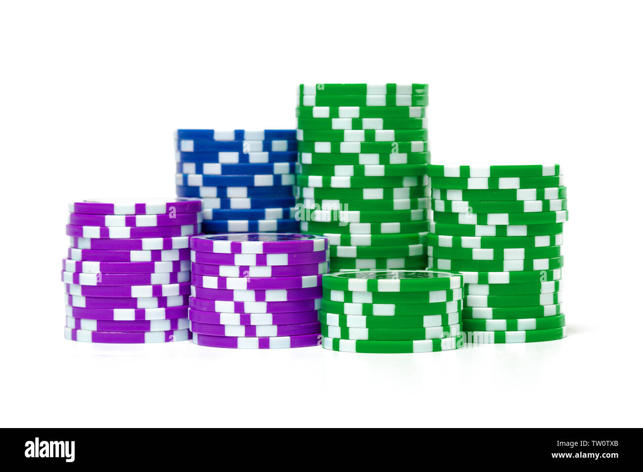 Stacks of poker chips isolated on white background Stock Photo