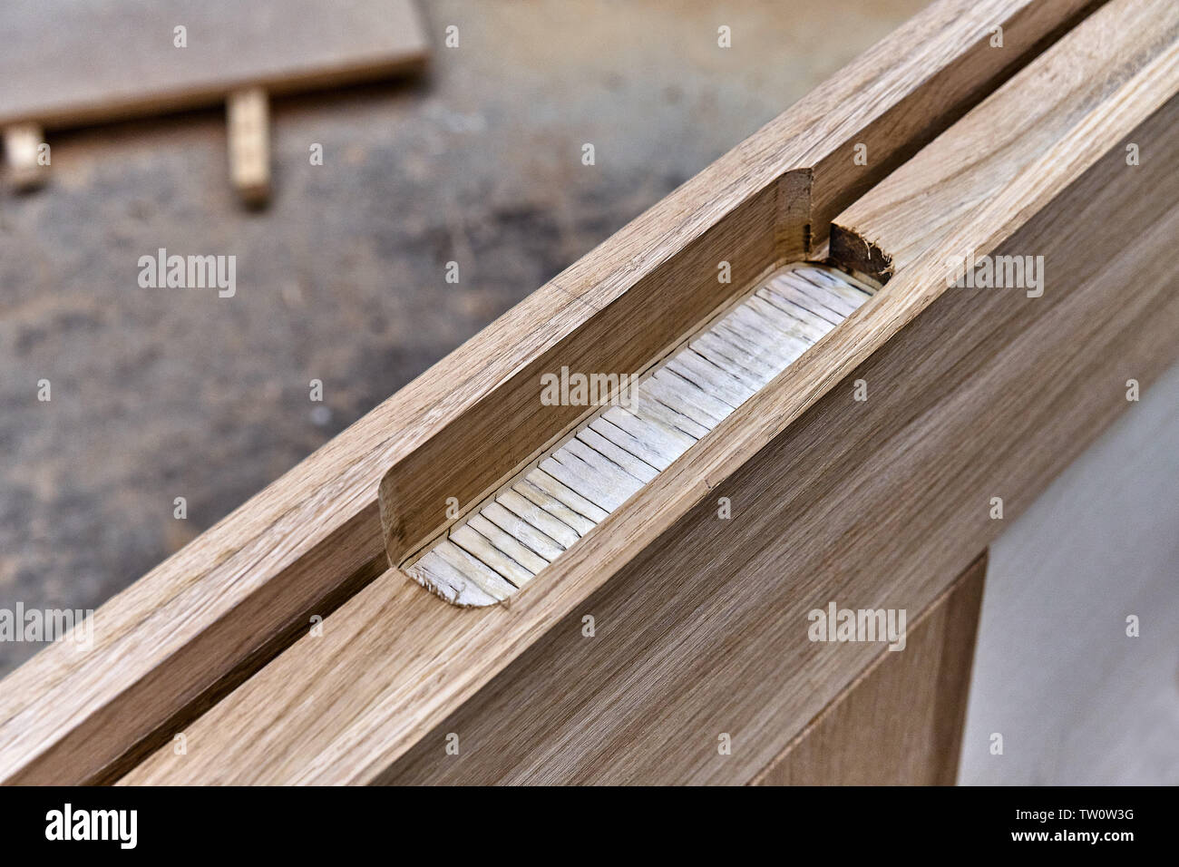 Wood door manufacturing process. Door leaf. Woodworking and carpentry