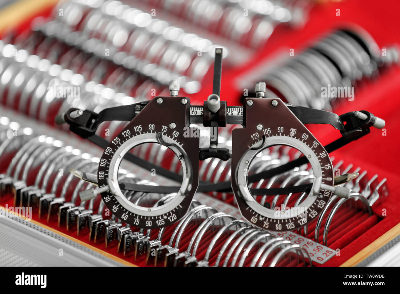 Frame and box with many different trial lenses Stock Photo Alamy