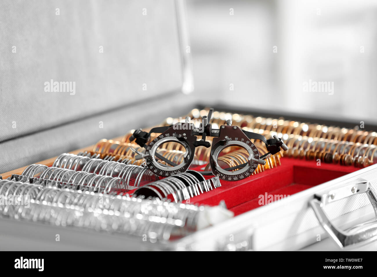 Frame and box with many different trial lenses Stock Photo Alamy