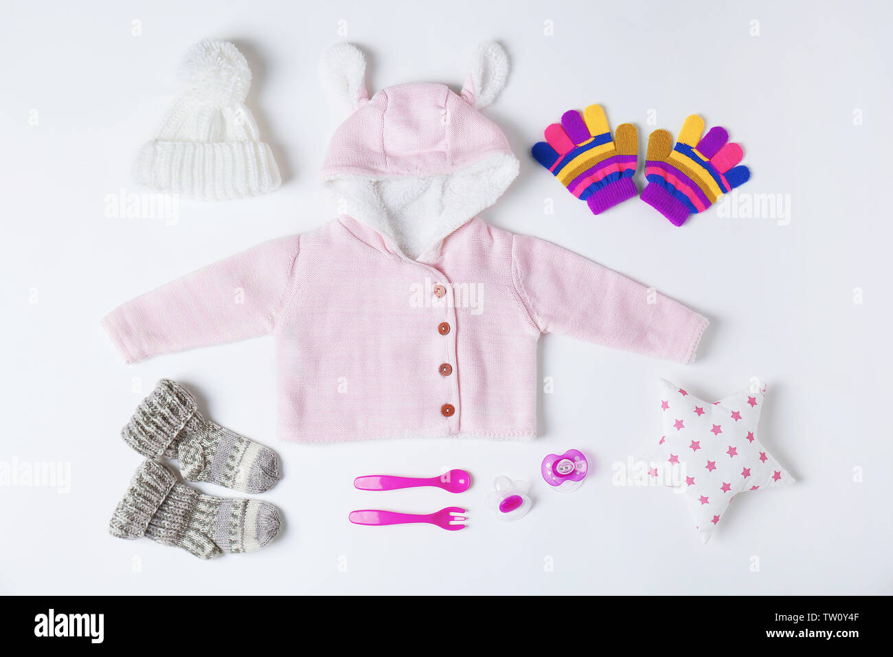 Baby clothes and accessories on white background Stock Photo Alamy