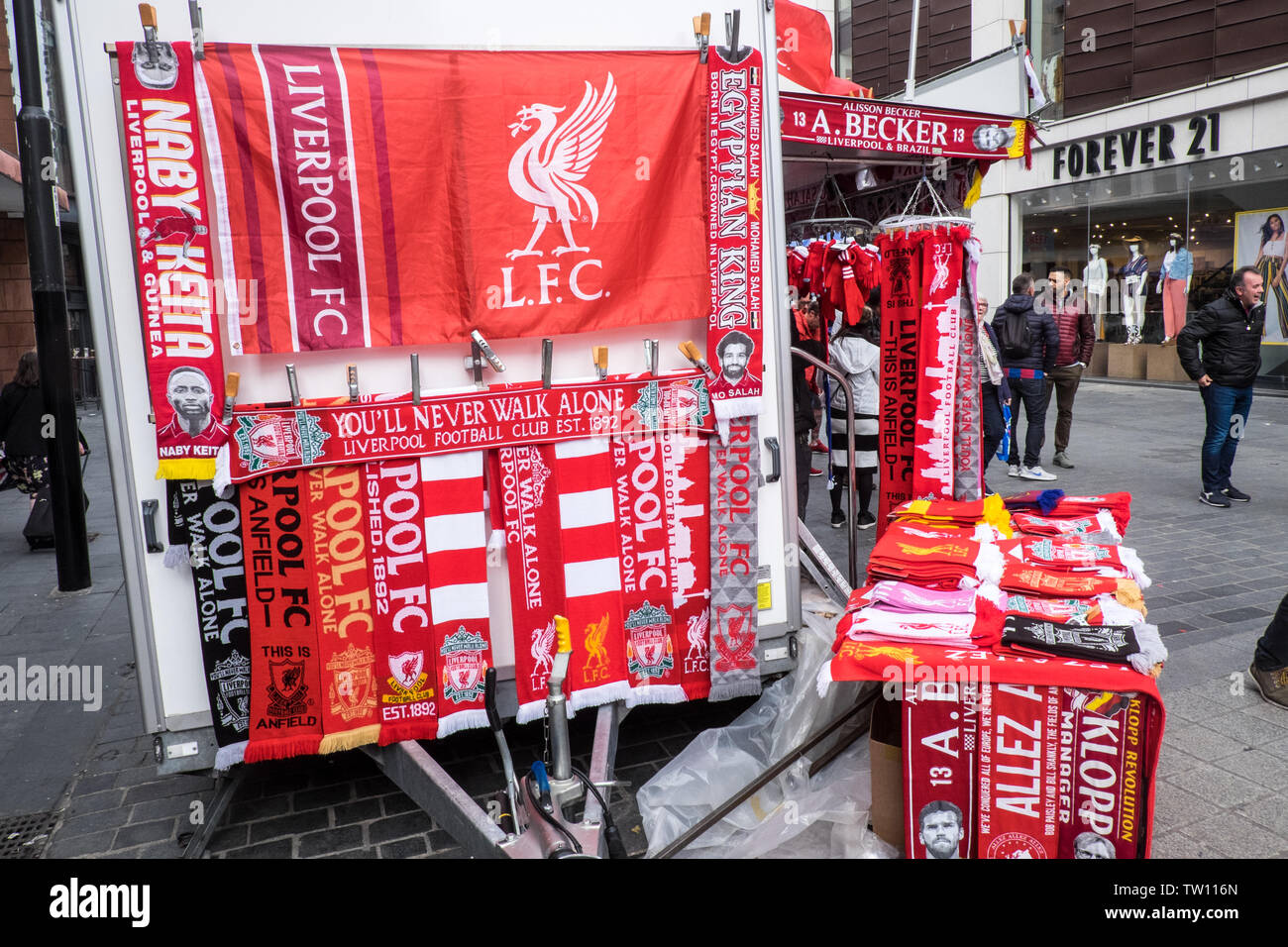 LFC,Liverpool football club,scarf,scarves,for,sale,on,street,Liverpool,northern,north,city,Merseyside,England,English,GB,Britain,British,Europe  Stock Photo - Alamy