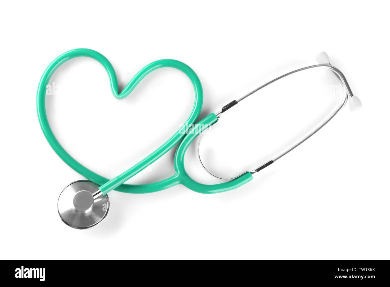 Stethoscope in shape of heart isolated on white. Cardiology concept