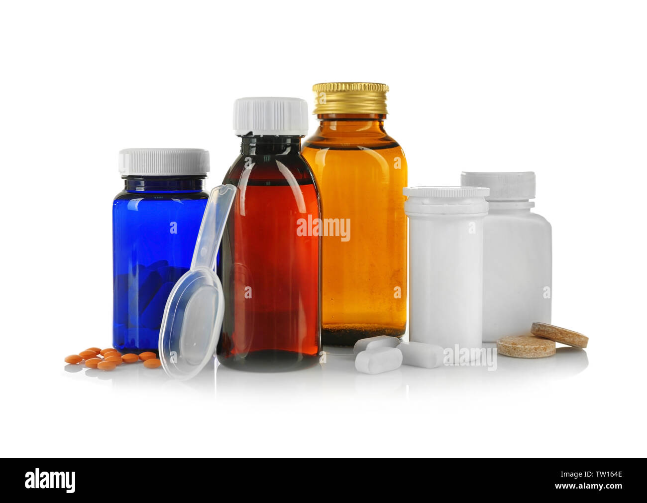 Bottles with cough syrup, pills and medicines isolated on white Stock