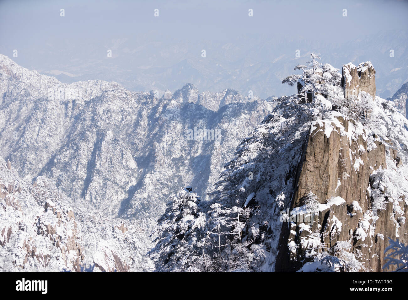 Snow scene of Huangshan hill in Winter Stock Photo