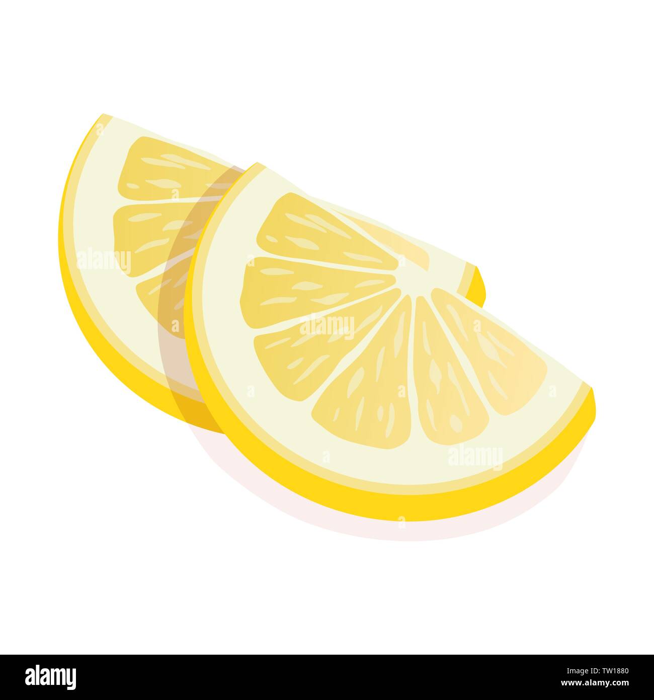 Two ripe slices of yellow lemon citrus fruit stand isolated on white ...