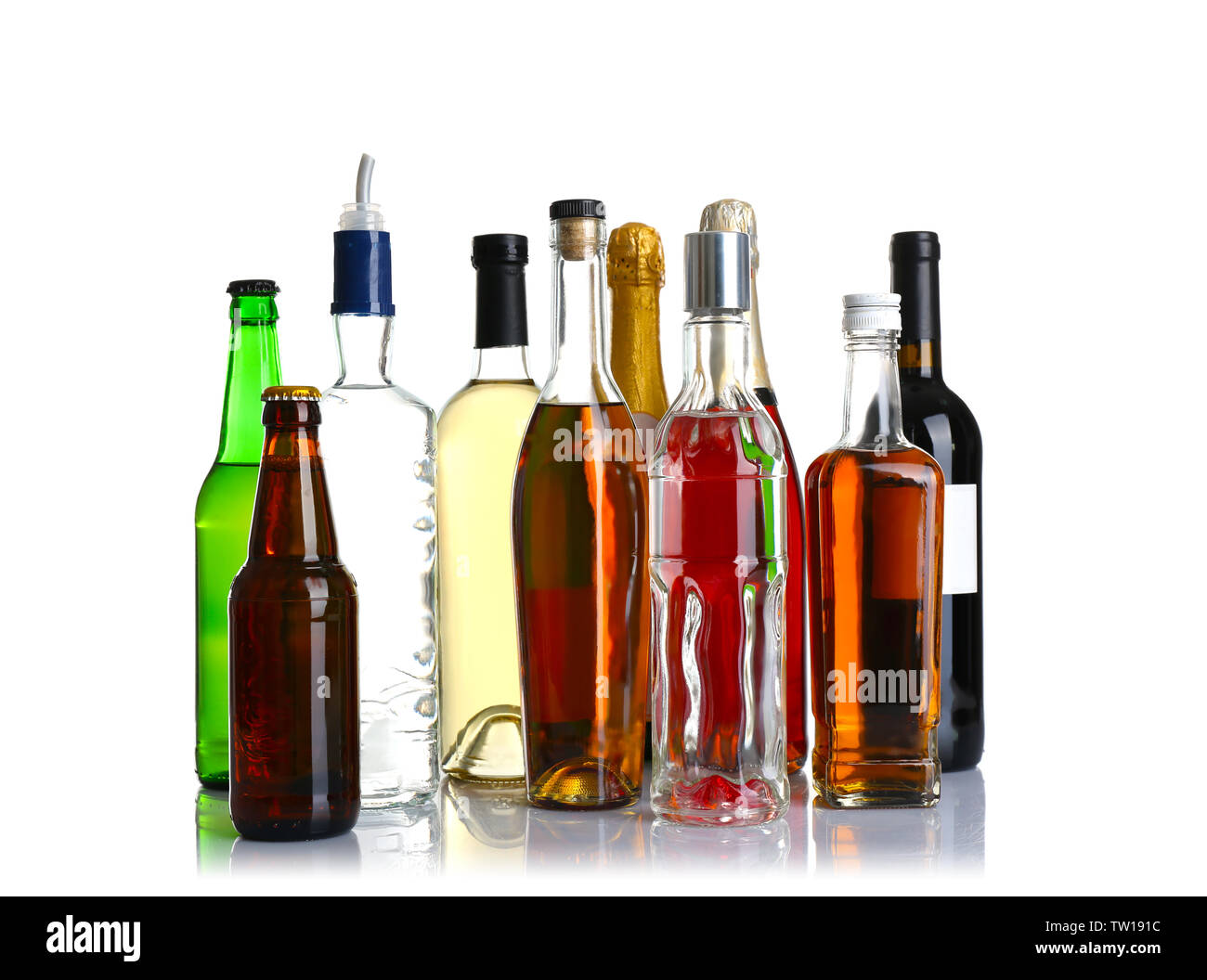 Different bottles of wine and spirits on white background Stock Photo Alamy