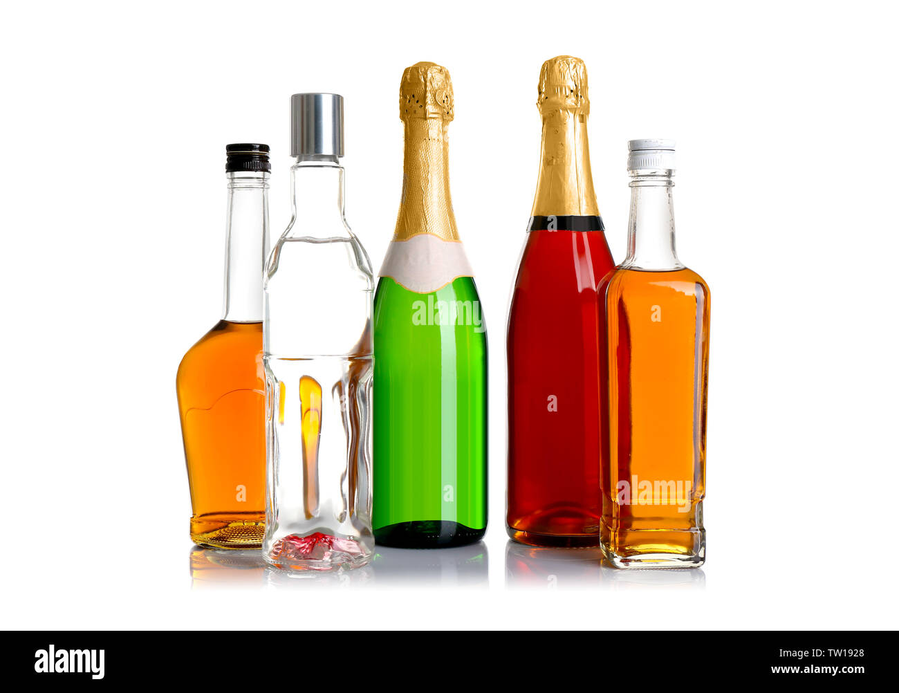 Different bottles of wine and spirits on white background Stock Photo