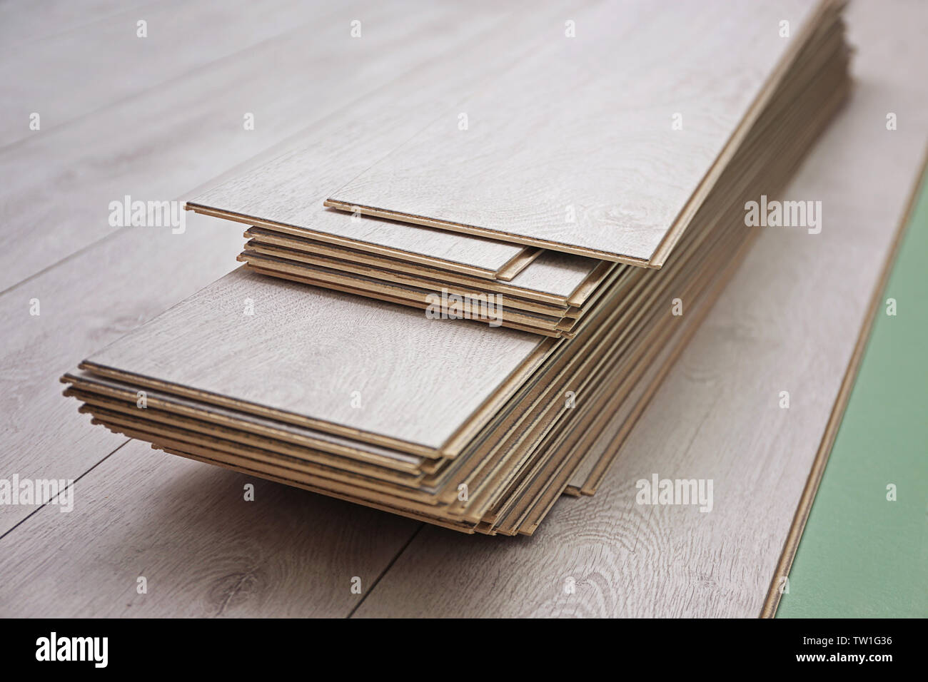 Wooden panels on new laminated flooring Stock Photo