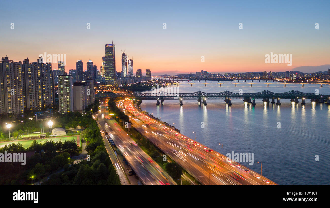 Aerial view of Sunset at Seoul City Skyline,South Korea Stock Photo