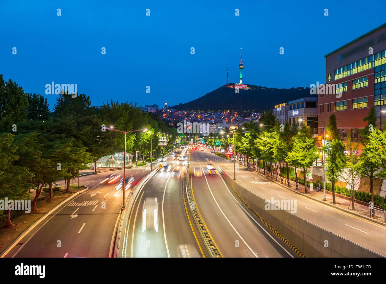 Traffic at Night in Seoul City,South Korea. Stock Photo