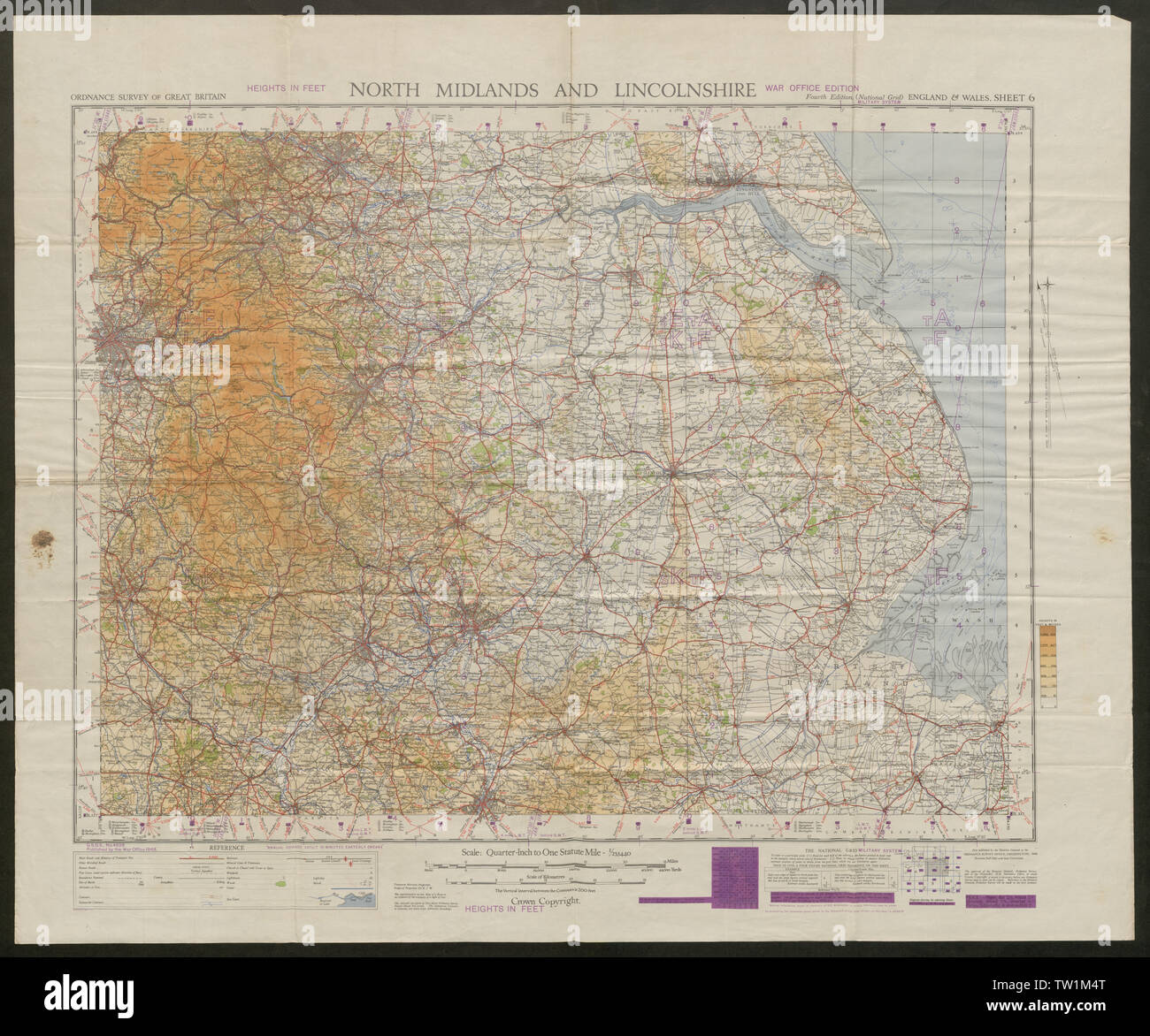 War Office Sheet 6 NORTH MIDLANDS & LINCOLNSHIRE. ORDNANCE SURVEY 1948 old map Stock Photo