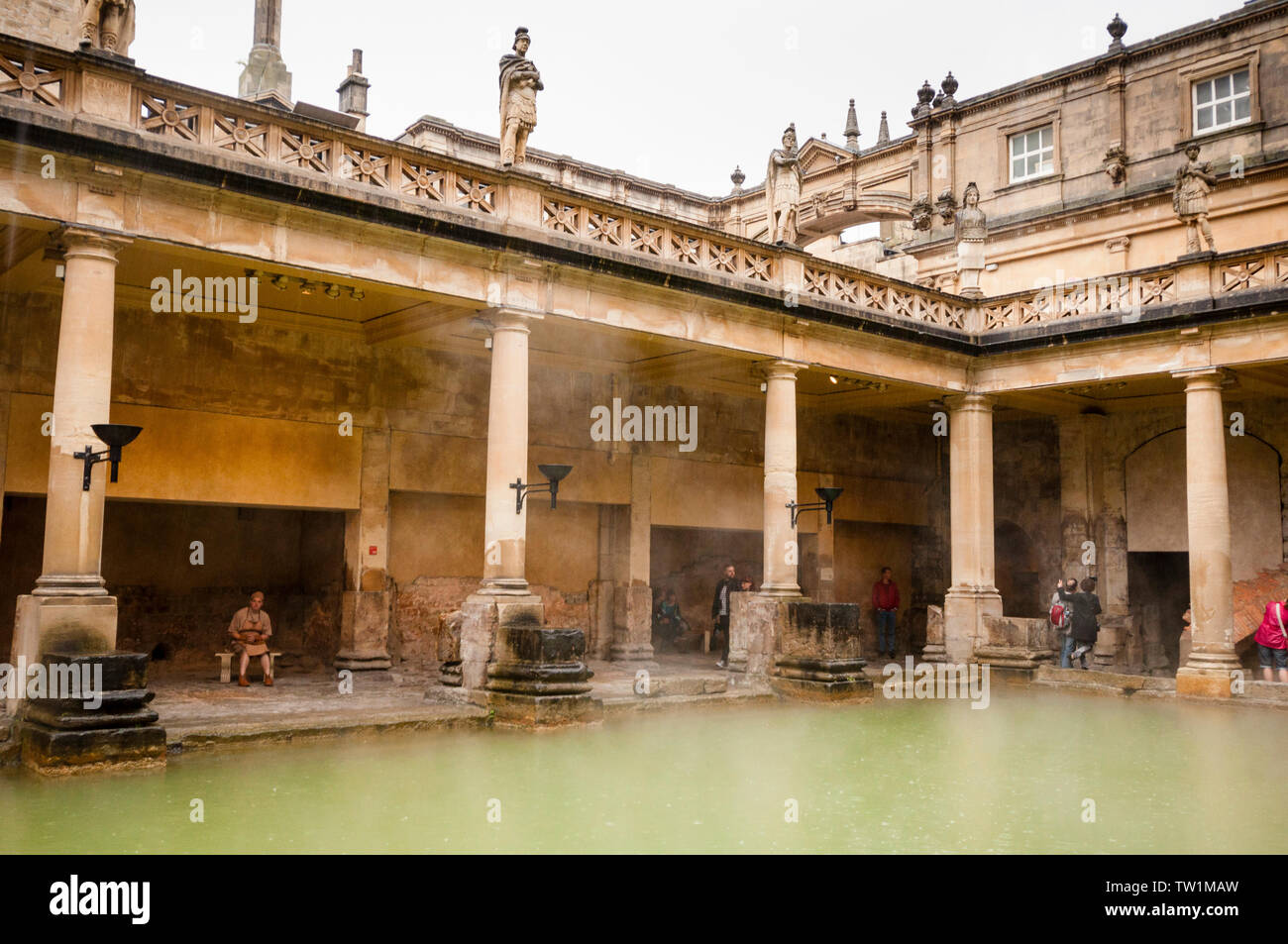 The Medieval Roman Baths and the terrace of Roman statues in Bath