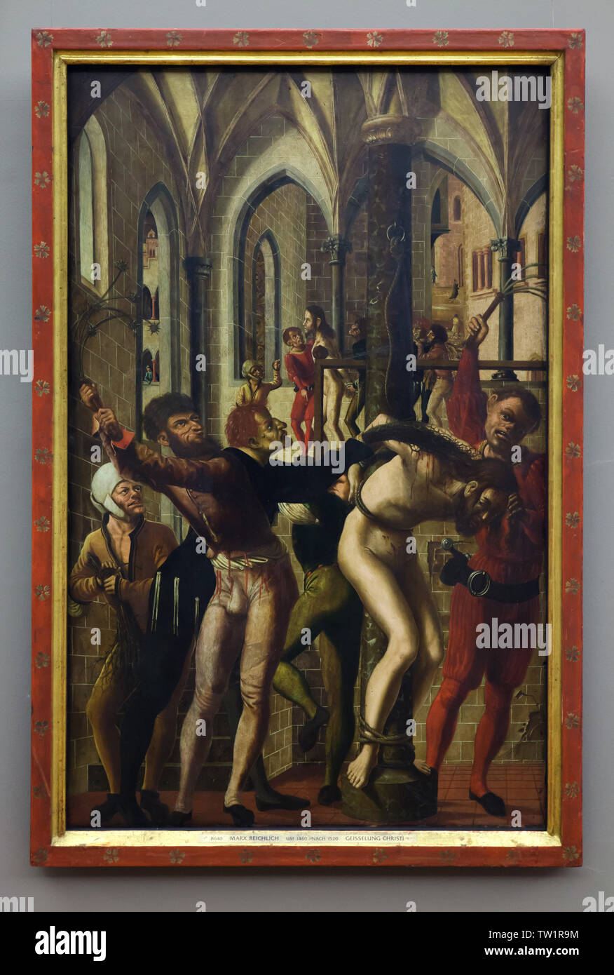 Painting 'Flagellation of Christ' by Austrian Renaissance painter Marx Reichlich (1506) on display in the Alte Pinakothek in Munich, Bavaria, Germany. Stock Photo