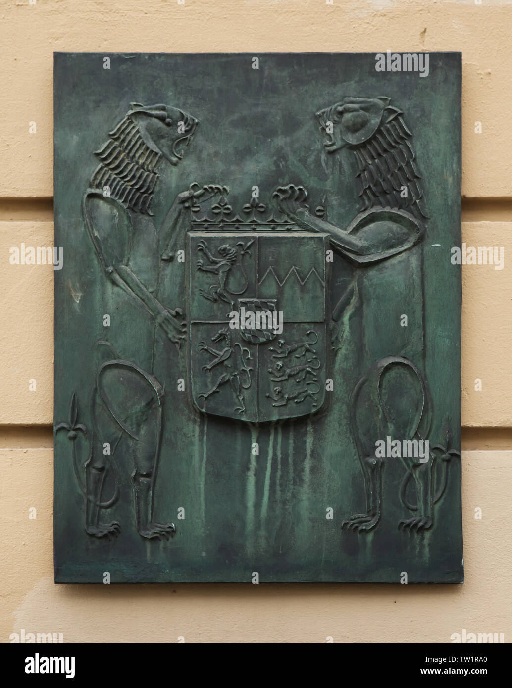 Coat of arms of Bavaria depicted on the bronze plaque in Munich, Bavaria, Germany. Stock Photo