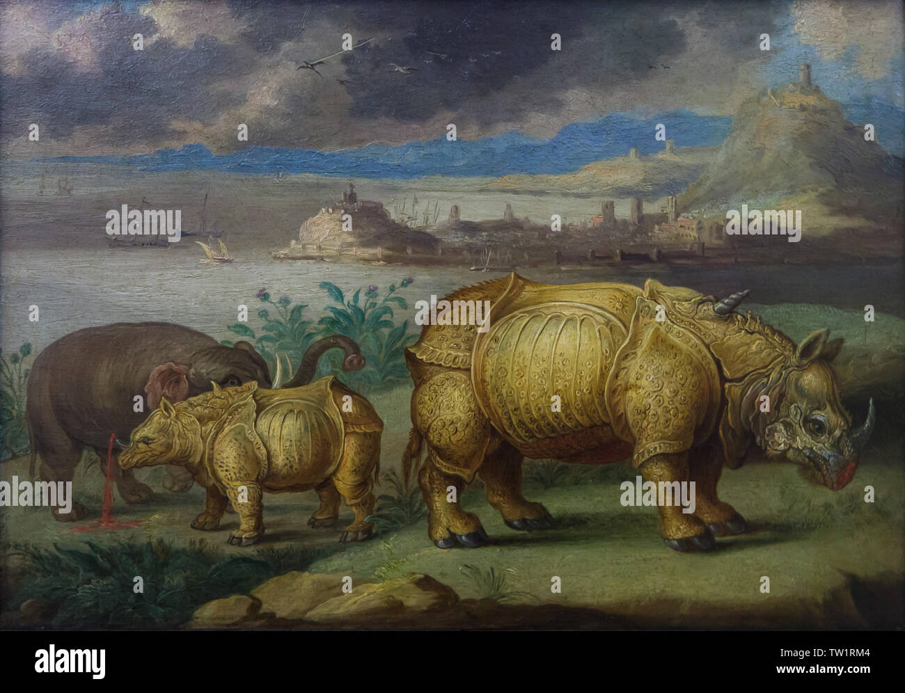 Indian rhinoceroses and African elephant depicted in the detail devoted to the city of Ceuta in the painting 'Africa' from the series of paintings 'Four Continents' by Flemish painter Jan van Kessel the Elder (1666) on display in the Alte Pinakothek in Munich, Bavaria, Germany. Stock Photo