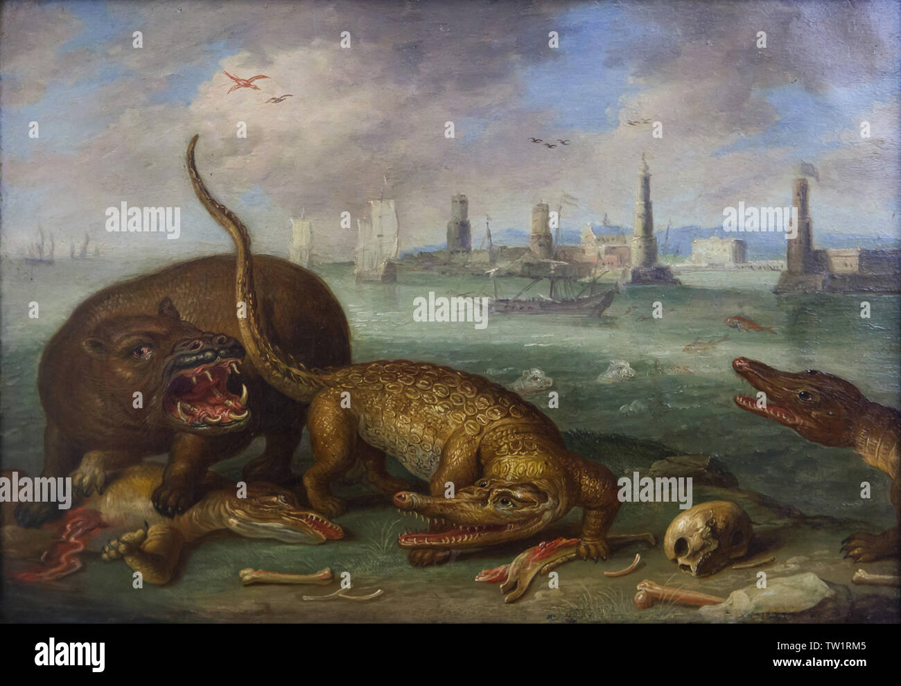Hippopotamus fighting with American alligators or Nile crocodiles depicted in the detail devoted to Havana in the painting 'Americas' from the series of paintings 'Four Continents' by Flemish painter Jan van Kessel the Elder (1666) on display in the Alte Pinakothek in Munich, Bavaria, Germany. Stock Photo