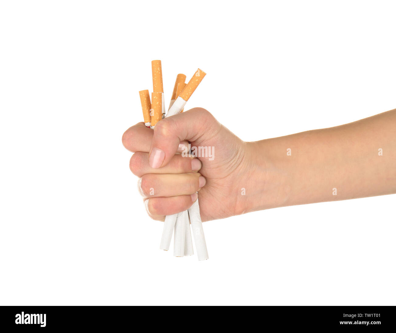 Human hand crushing cigarettes on white background Stock Photo Alamy