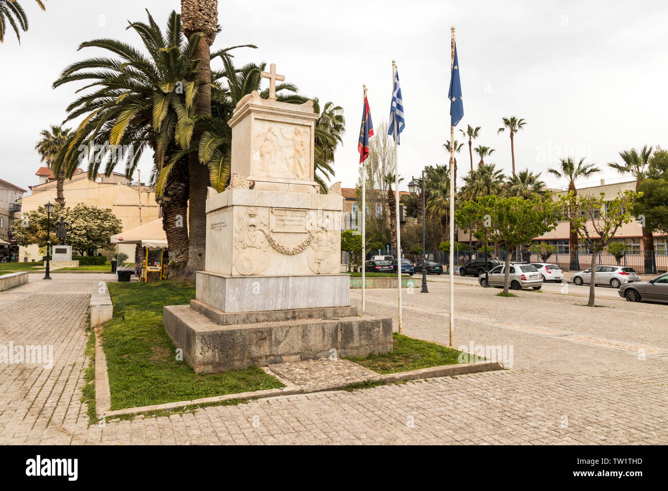 Nafplio, Greece. Funeral monument with the remains of Dimitrios Ypsilandis, one of the leaders of the Greek revolution, in Three Admirals' Square Stock Photo