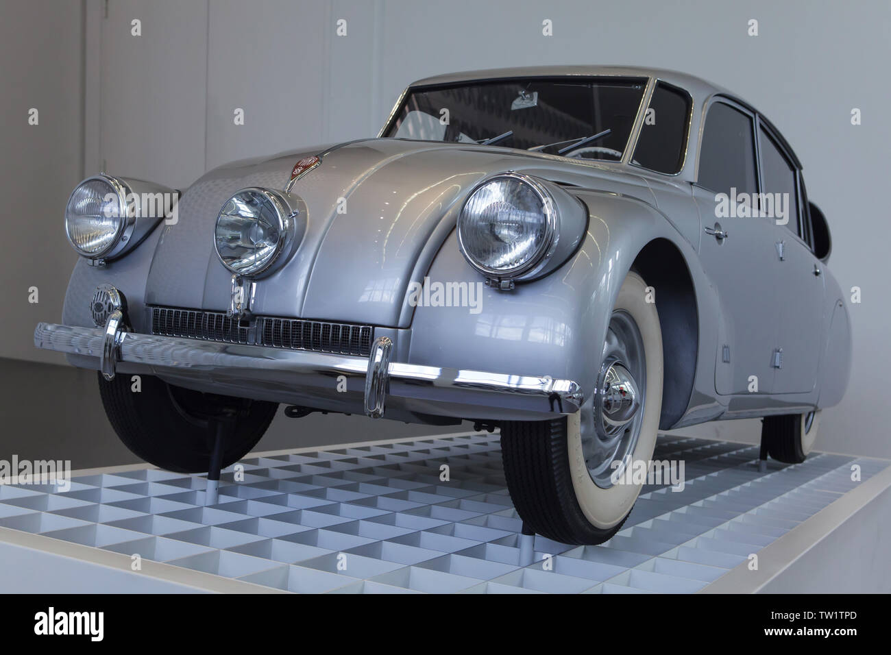 Czechoslovak automobile Tatra 87 (1937) designed by Austrian automobile designer Hans Ledwinka and produced by the Tatra Company in Kopřivnice, Czechoslovakia (from 1937 to 1950) on display in the Pinakothek der Moderne in Munich, Bavaria, Germany. Stock Photo